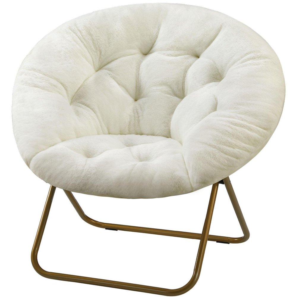 26" White and Bronze Tufted Faux Fur and Metal Lounge Chair HomeRoots