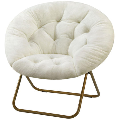 26" White and Bronze Tufted Faux Fur and Metal Lounge Chair HomeRoots