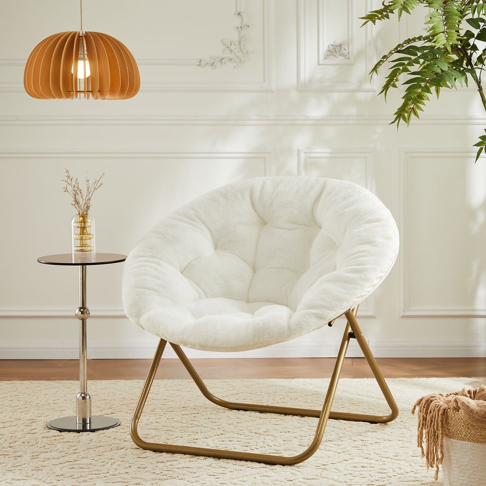 26" White and Bronze Tufted Faux Fur and Metal Lounge Chair HomeRoots