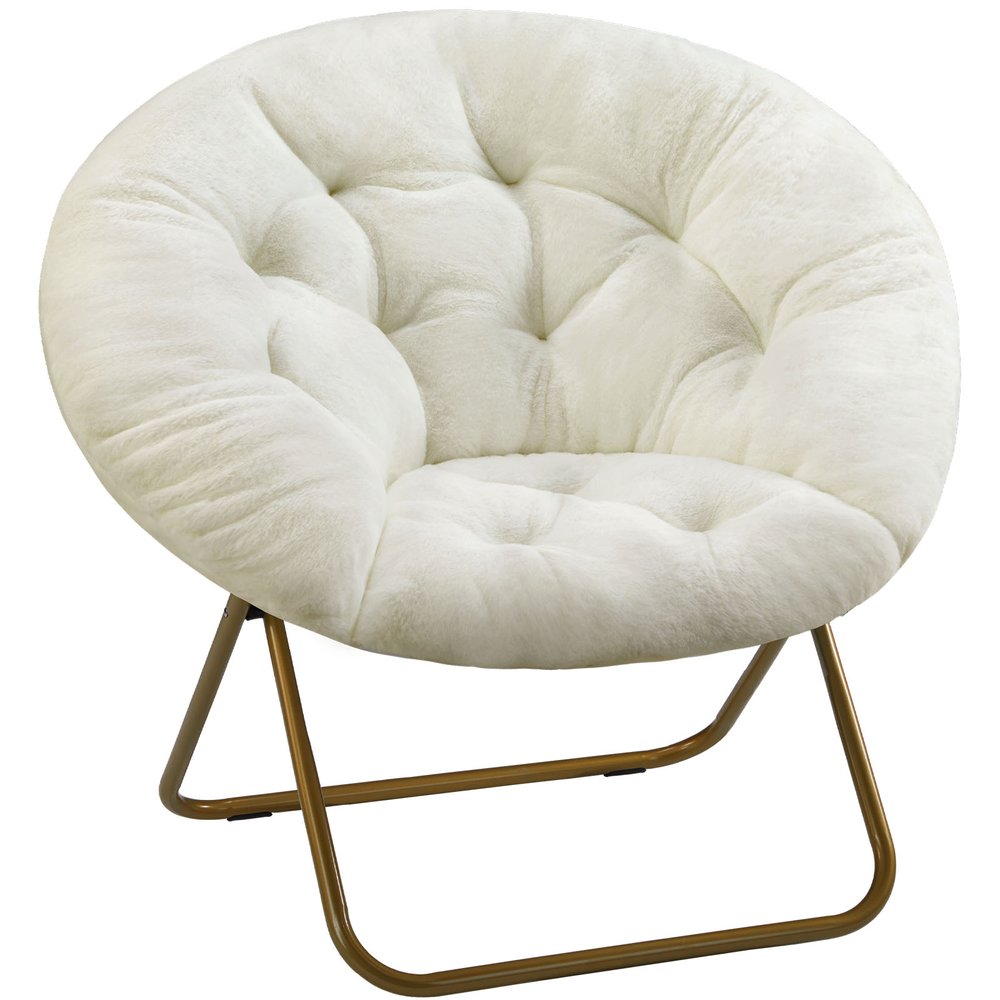 26" White and Bronze Tufted Faux Fur and Metal Lounge Chair HomeRoots