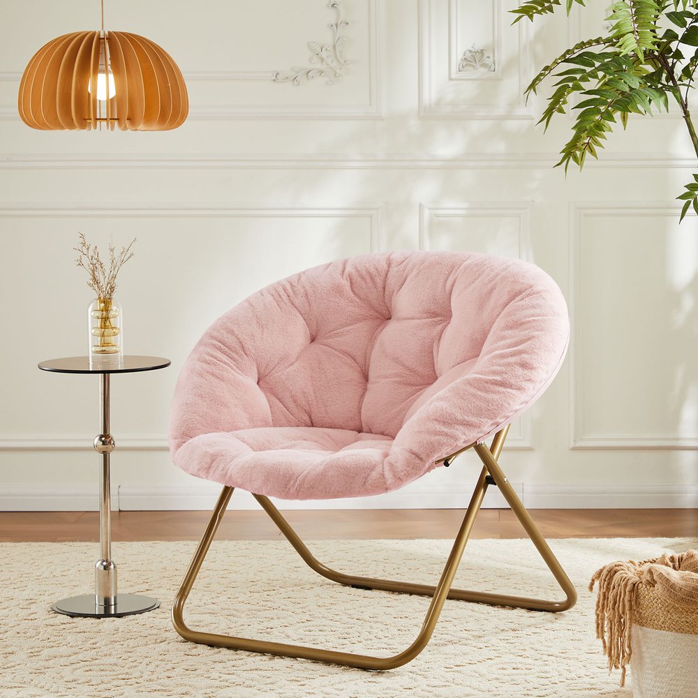 26" Pink and Bronze Tufted Faux Fur and Metal Folding Lounge Chair HomeRoots