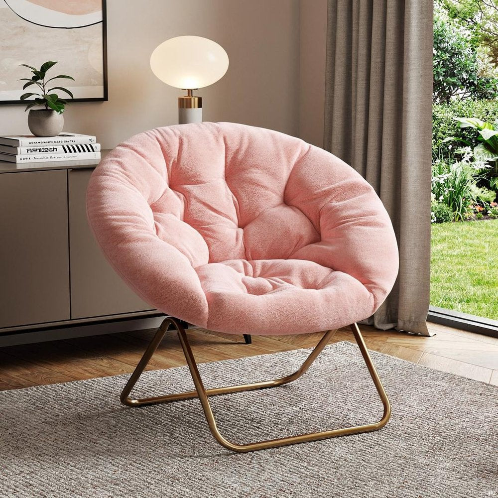 26" Pink and Bronze Tufted Faux Fur and Metal Folding Lounge Chair HomeRoots
