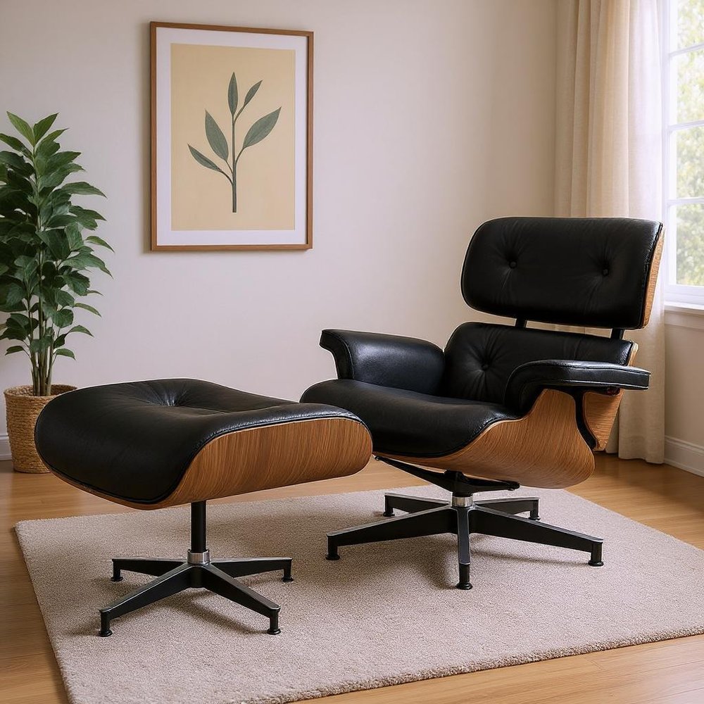 27" Black and Light Brown Tufted Genuine Leather Swivel Lounge Chair With Ottoman HomeRoots
