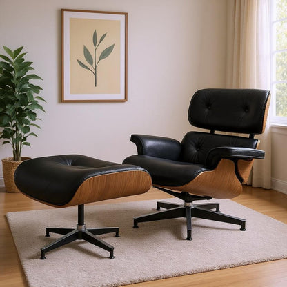 27" Black and Light Brown Tufted Genuine Leather Swivel Lounge Chair With Ottoman HomeRoots