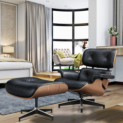 27" Black and Light Brown Tufted Genuine Leather Swivel Lounge Chair With Ottoman HomeRoots