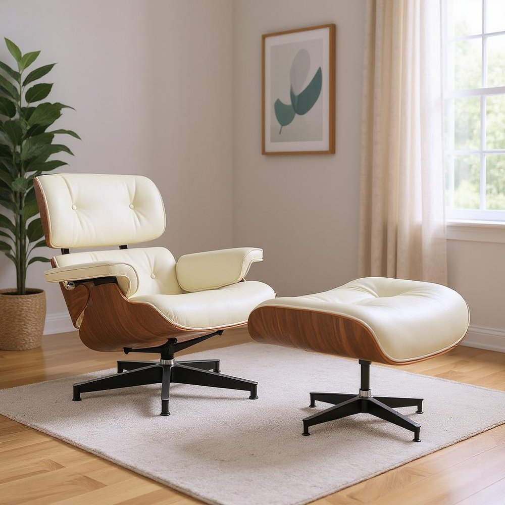 27" Off White and Light Brown Tufted Genuine Leather Swivel Lounge Chair With Ottoman HomeRoots