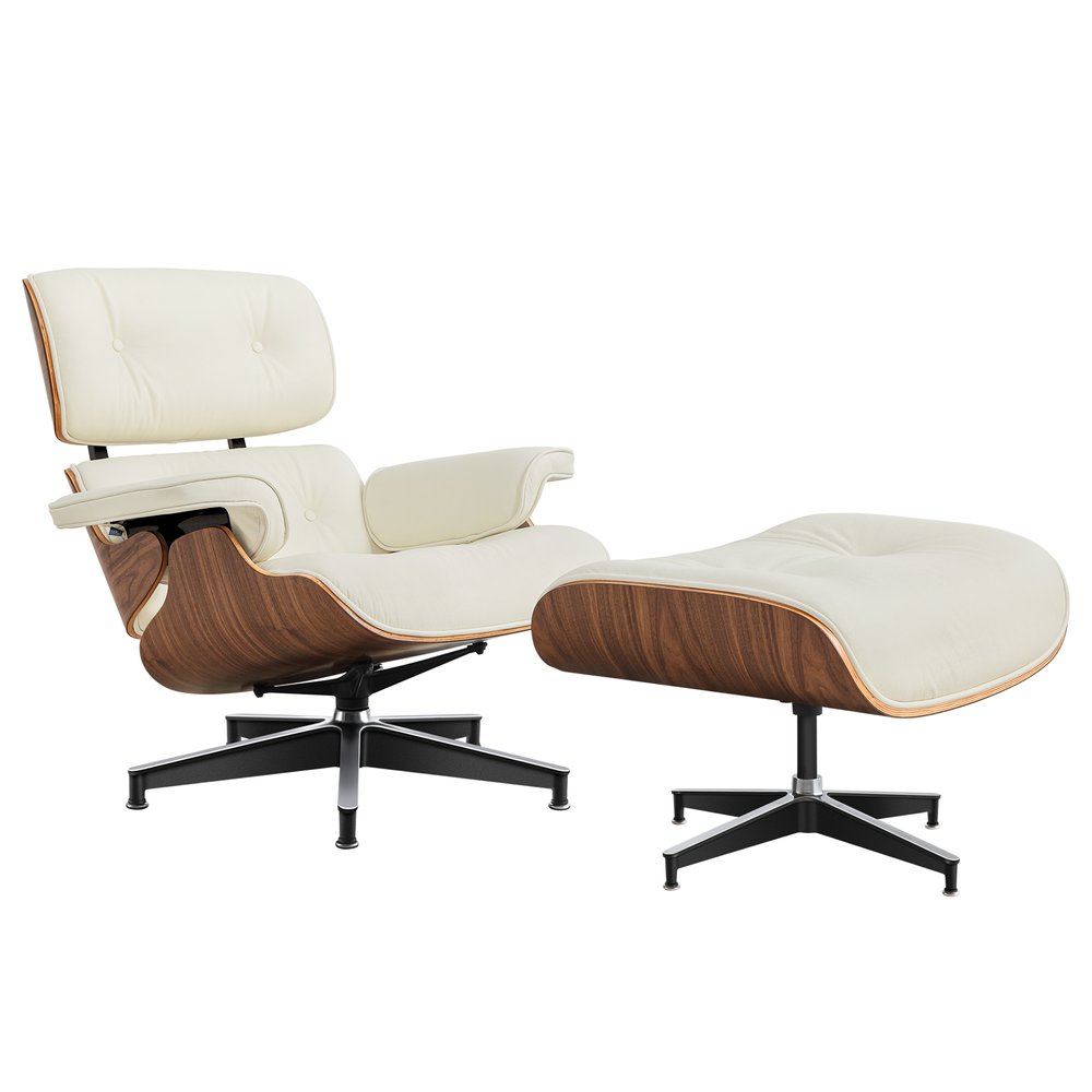27" Off White and Light Brown Tufted Genuine Leather Swivel Lounge Chair With Ottoman HomeRoots