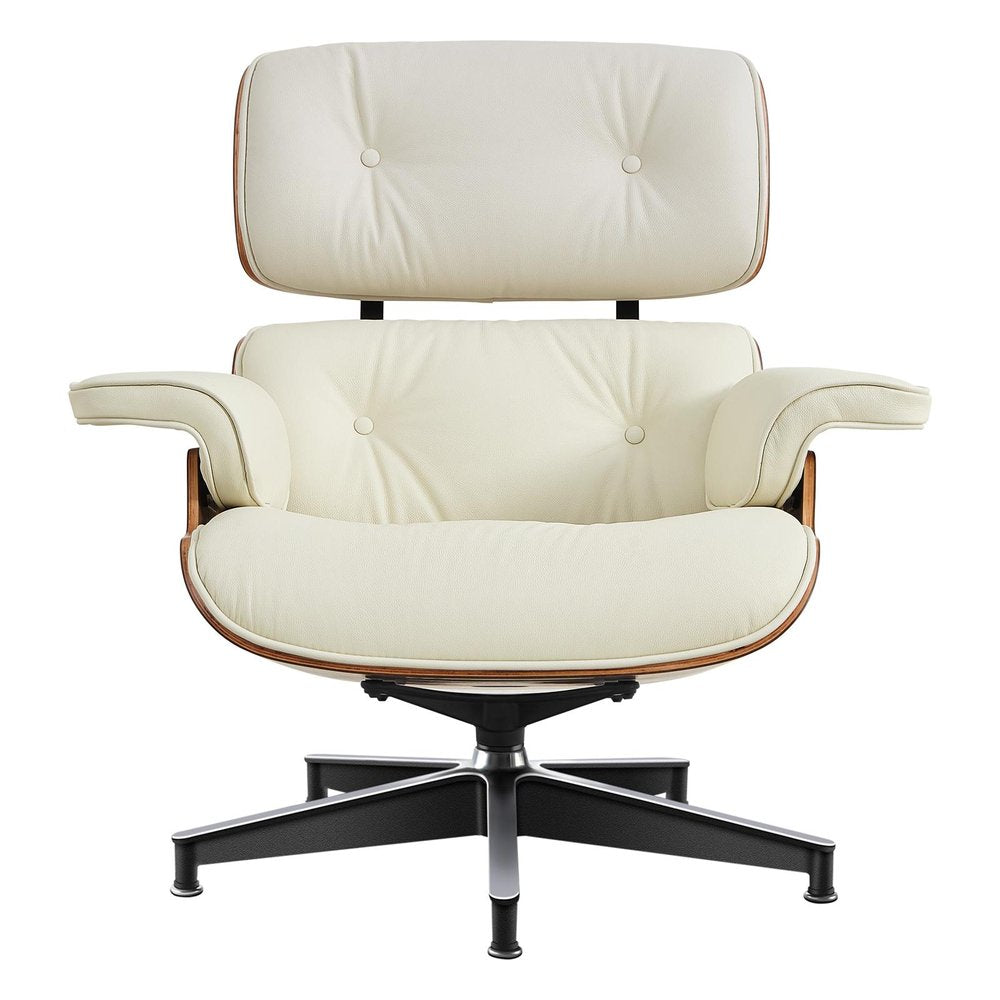 27" Off White and Light Brown Tufted Genuine Leather Swivel Lounge Chair With Ottoman HomeRoots