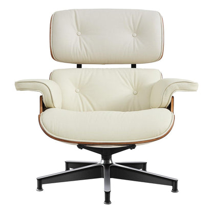 27" Off White and Light Brown Tufted Genuine Leather Swivel Lounge Chair With Ottoman HomeRoots