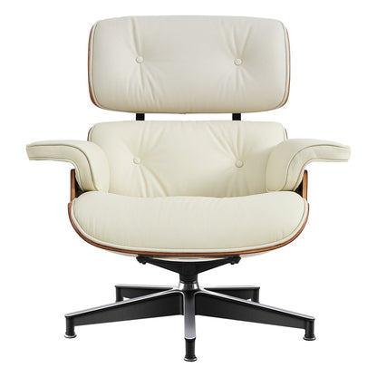 27" Off White and Light Brown Tufted Genuine Leather Swivel Lounge Chair With Ottoman HomeRoots
