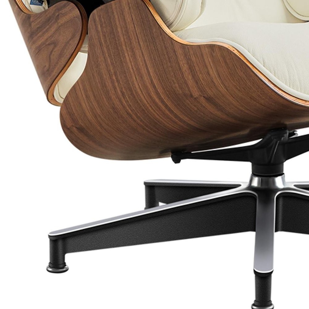 27" Off White and Light Brown Tufted Genuine Leather Swivel Lounge Chair With Ottoman HomeRoots
