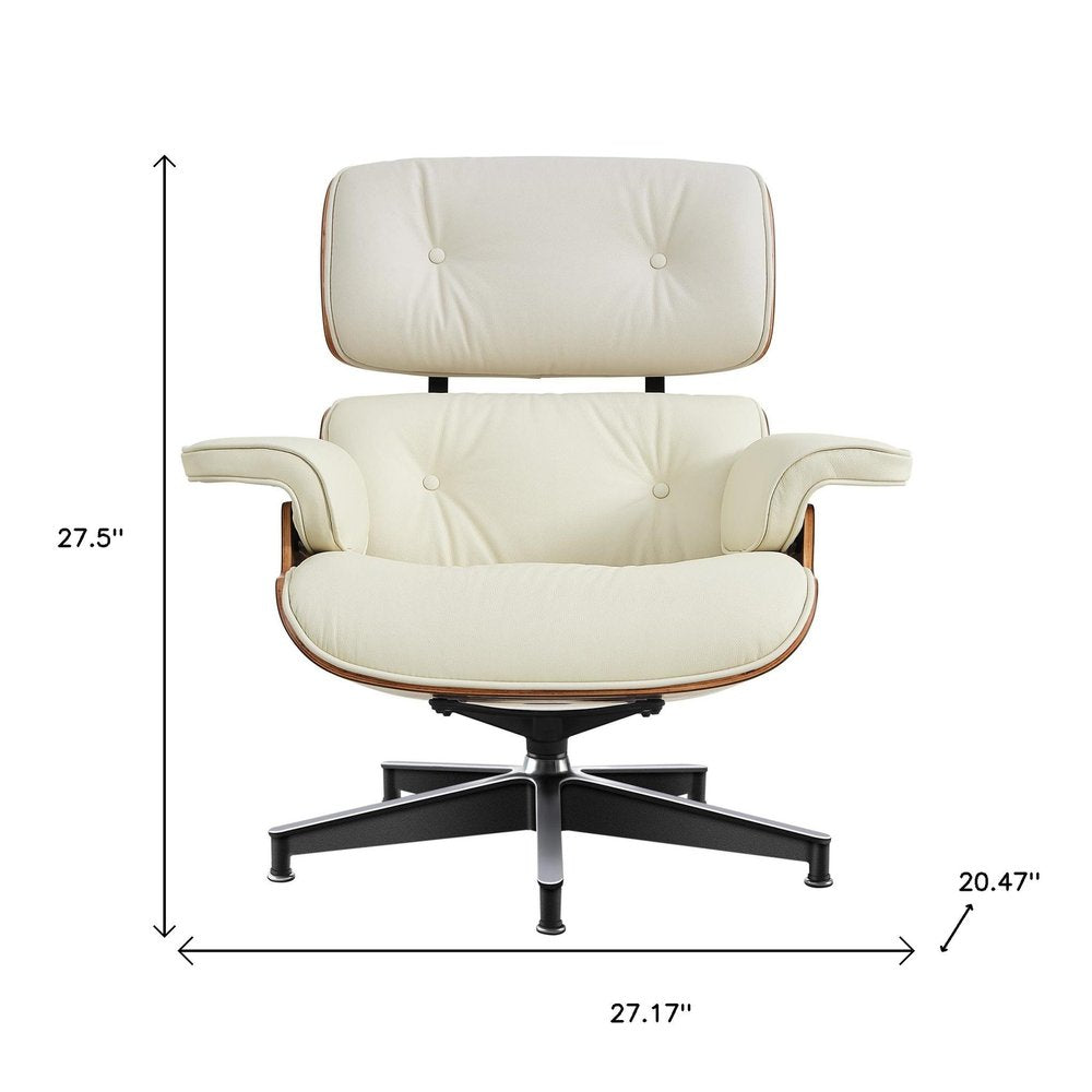 27" Off White and Light Brown Tufted Genuine Leather Swivel Lounge Chair With Ottoman HomeRoots