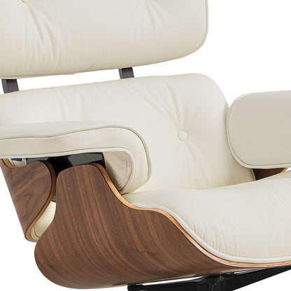 27" Off White and Light Brown Tufted Genuine Leather Swivel Lounge Chair With Ottoman HomeRoots