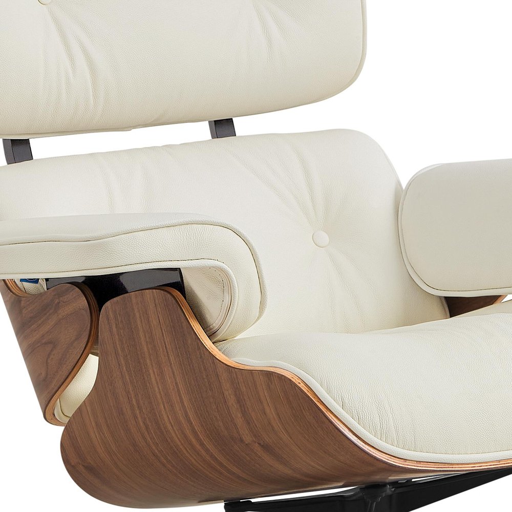 27" Off White and Light Brown Tufted Genuine Leather Swivel Lounge Chair With Ottoman HomeRoots