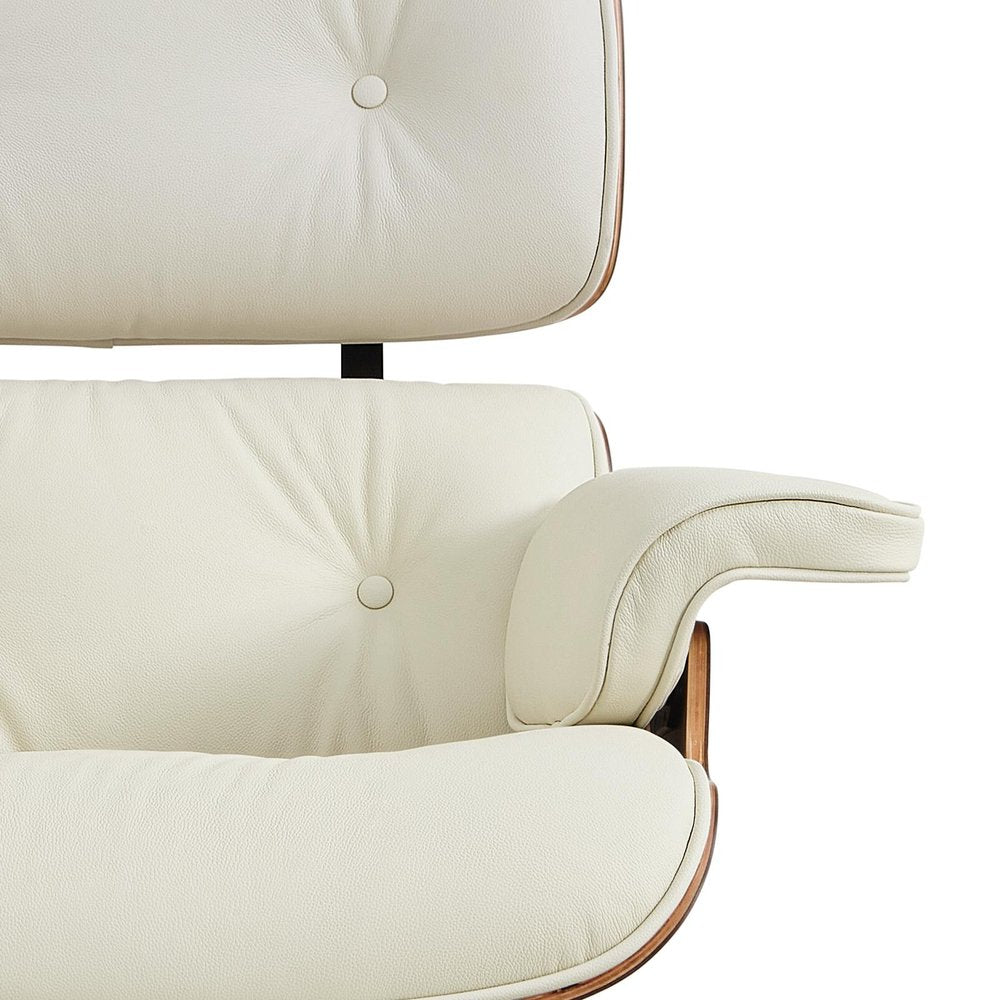 27" Off White and Light Brown Tufted Genuine Leather Swivel Lounge Chair With Ottoman HomeRoots