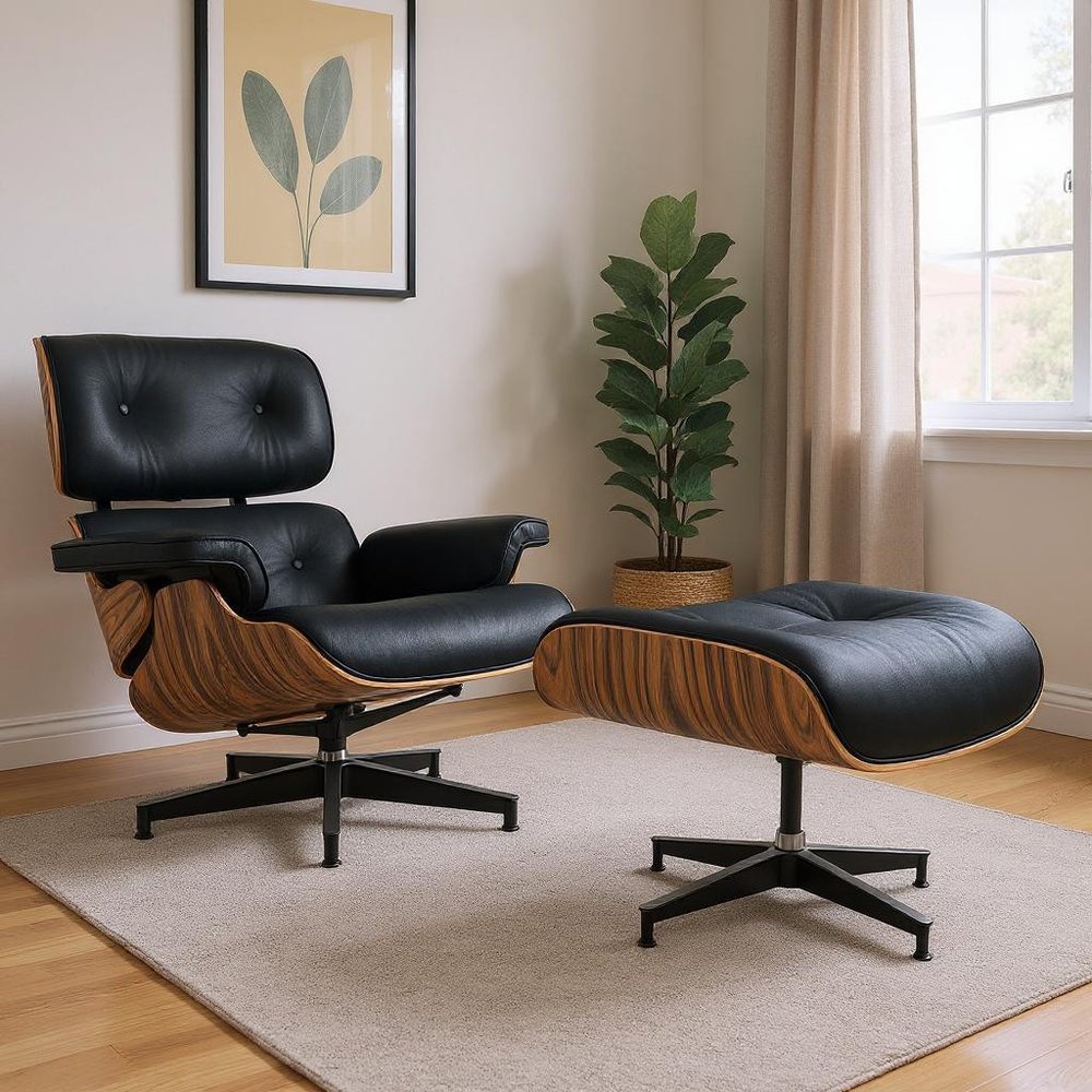 27" Black and Brown Tufted Genuine Cowhide Swivel Lounge Chair With Ottoman HomeRoots