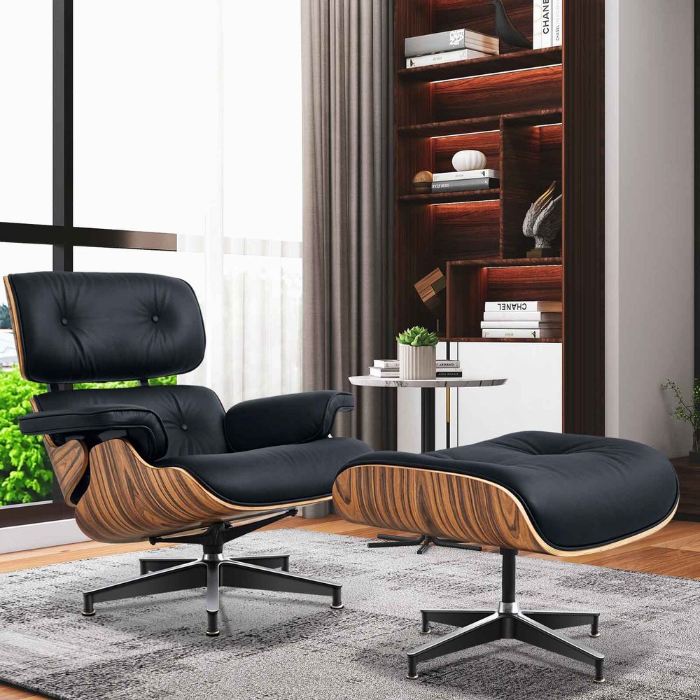 27" Black and Brown Tufted Genuine Cowhide Swivel Lounge Chair With Ottoman HomeRoots