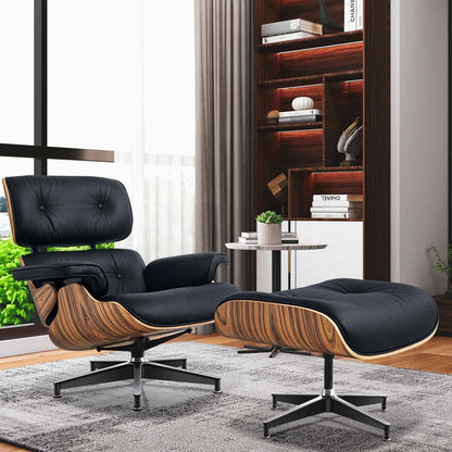 27" Black and Brown Tufted Genuine Cowhide Swivel Lounge Chair With Ottoman HomeRoots