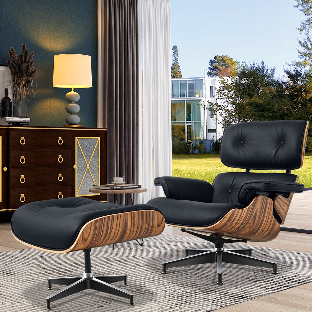 27" Black and Brown Tufted Genuine Cowhide Swivel Lounge Chair With Ottoman HomeRoots