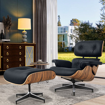 27" Black and Brown Tufted Genuine Cowhide Swivel Lounge Chair With Ottoman HomeRoots