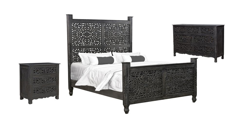 Three Piece Black Solid Wood Bedroom Set — view 1
