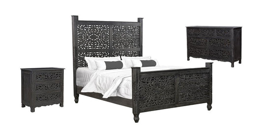 Three Piece Black Solid Wood Bedroom Set
