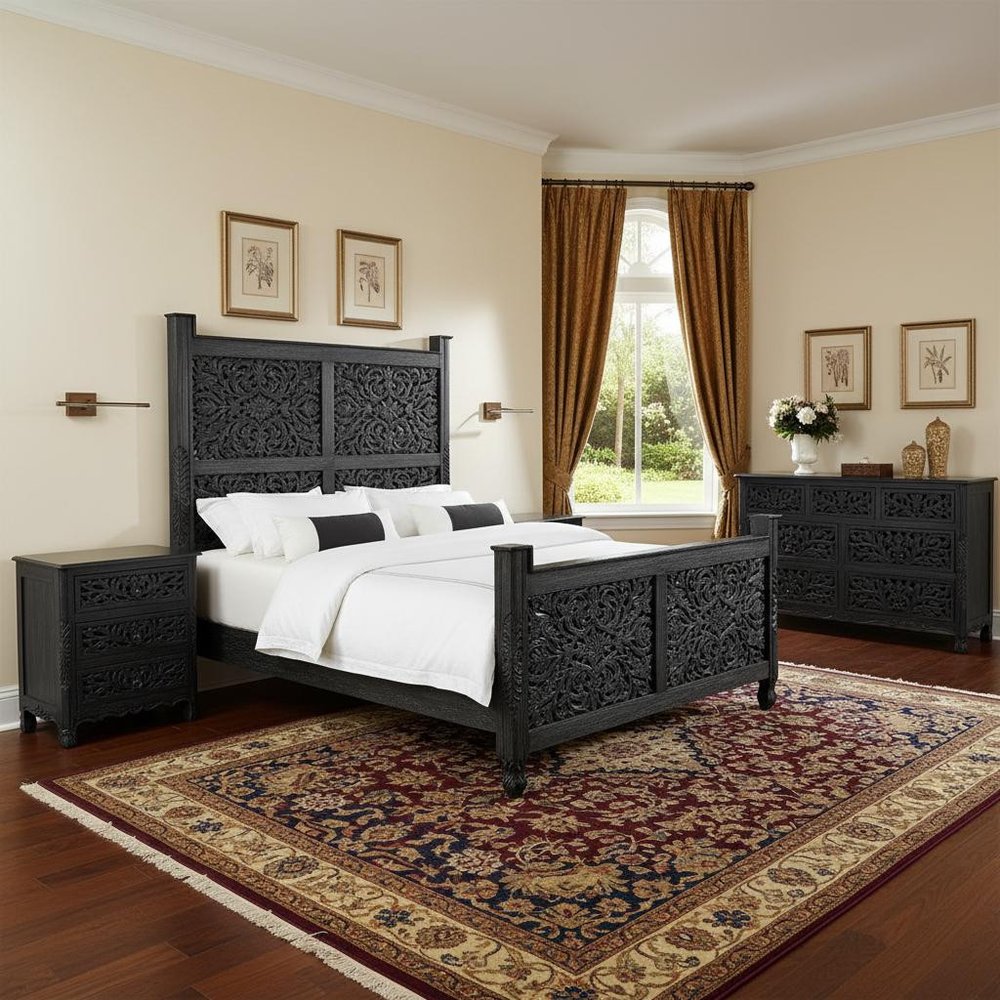 Three Piece Black Solid Wood Bedroom Set — view 1