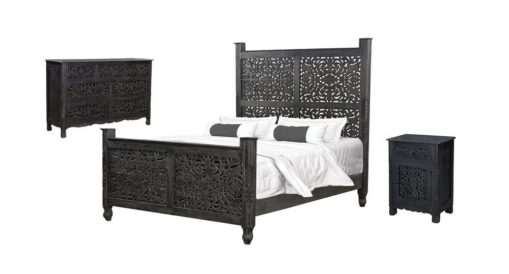 Three Piece Black Solid Wood Bedroom Set — view 2