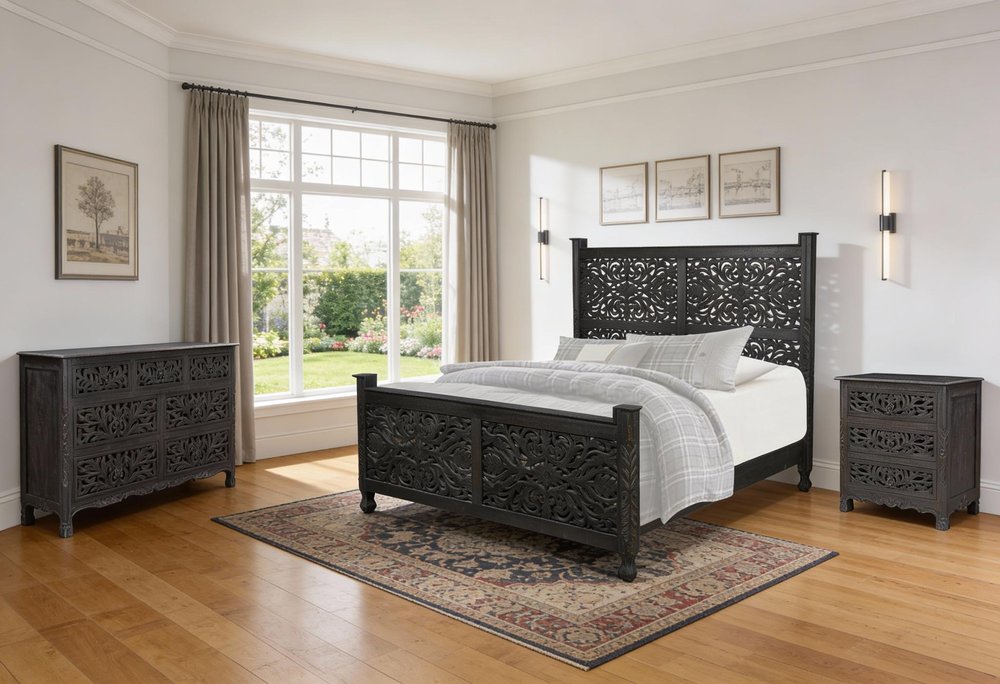 Three Piece Black Solid Wood Bedroom Set HomeRoots
