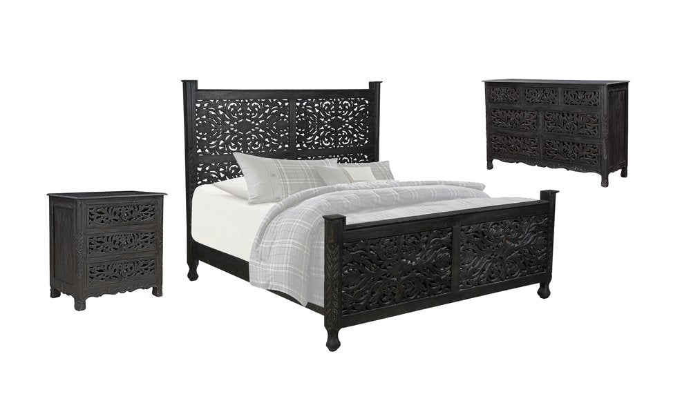 Three Piece Black Solid Wood Bedroom Set — view 1