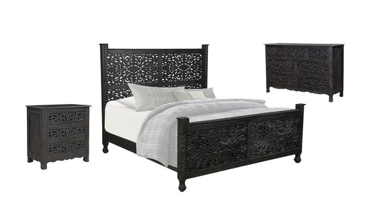 Three Piece Black Solid Wood Bedroom Set