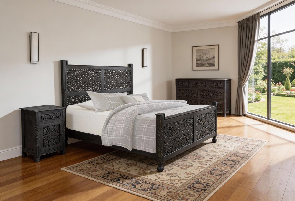 Three Piece Black Solid Wood Bedroom Set — view 1