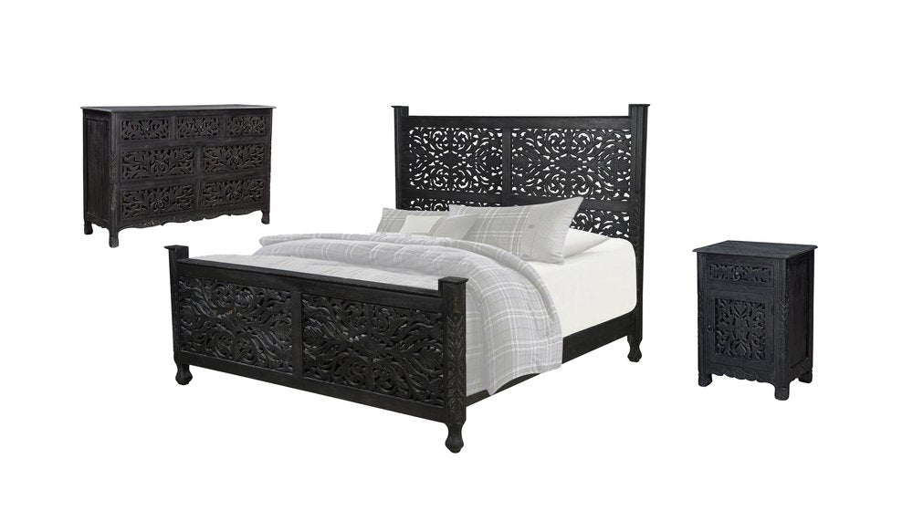 Three Piece Black Solid Wood Bedroom Set — view 2
