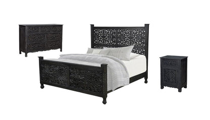 Three Piece Black Solid Wood Bedroom Set