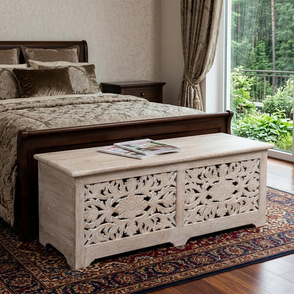 52" White Distressed Solid Wood Carved Floral Storage Ottoman HomeRoots