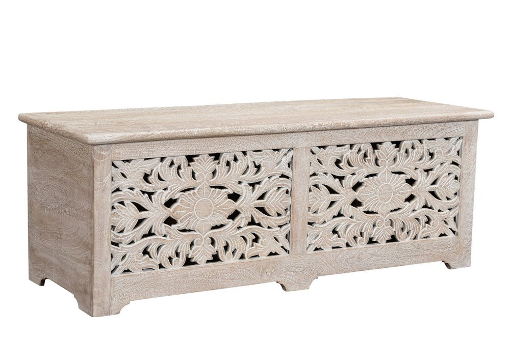 52" White Distressed Solid Wood Carved Floral Storage Ottoman HomeRoots