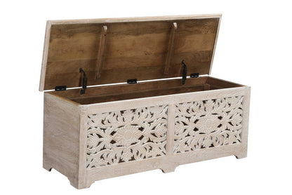 52" White Distressed Solid Wood Carved Floral Storage Ottoman HomeRoots
