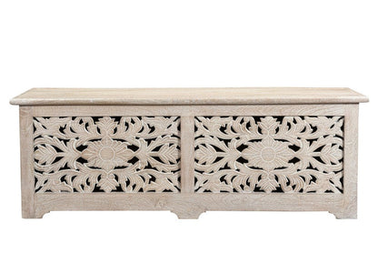 52" White Distressed Solid Wood Carved Floral Storage Ottoman HomeRoots