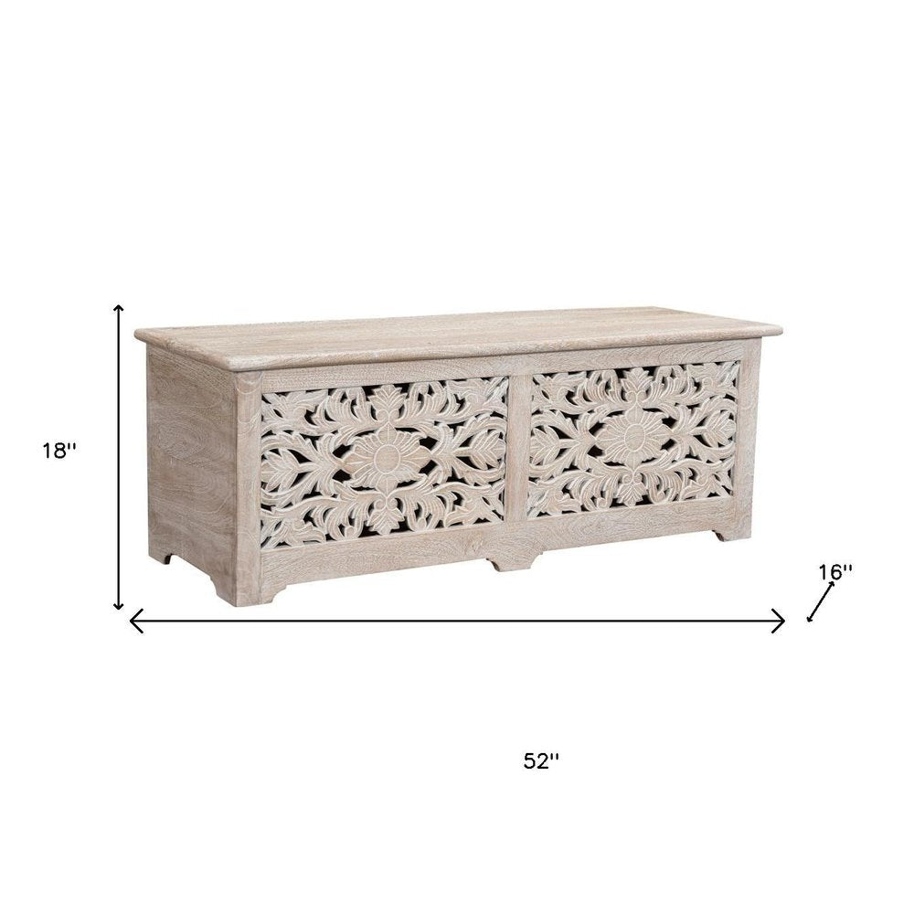 52" White Distressed Solid Wood Carved Floral Storage Ottoman HomeRoots