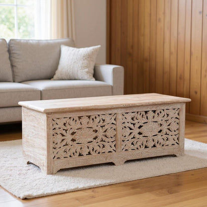 52" White Distressed Solid Wood Carved Floral Storage Ottoman HomeRoots