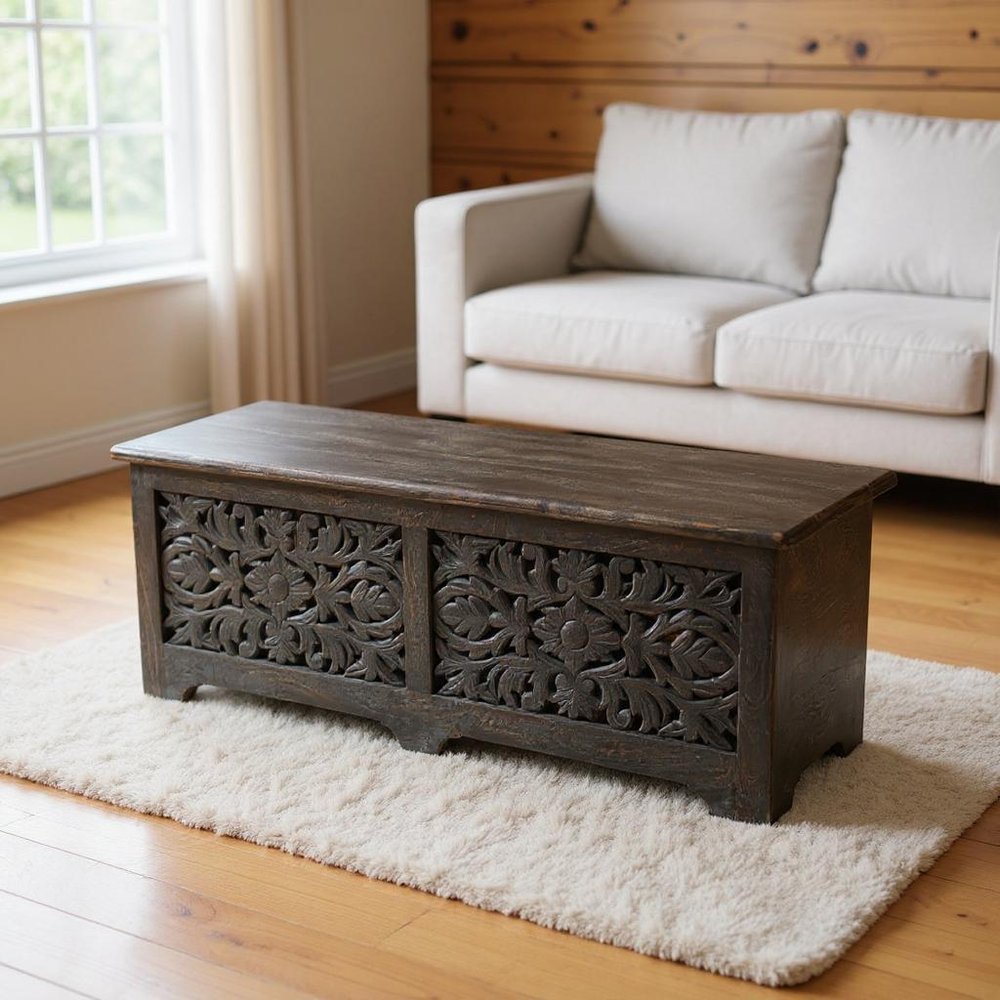 52" Black Solid Wood Floral Ottoman With Storage HomeRoots