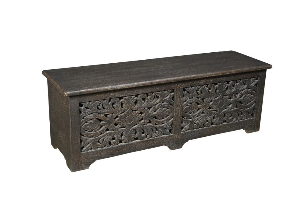 52" Black Distressed Solid Wood Carved Floral Storage Ottoman HomeRoots
