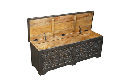 52" Black Solid Wood Floral Ottoman With Storage HomeRoots