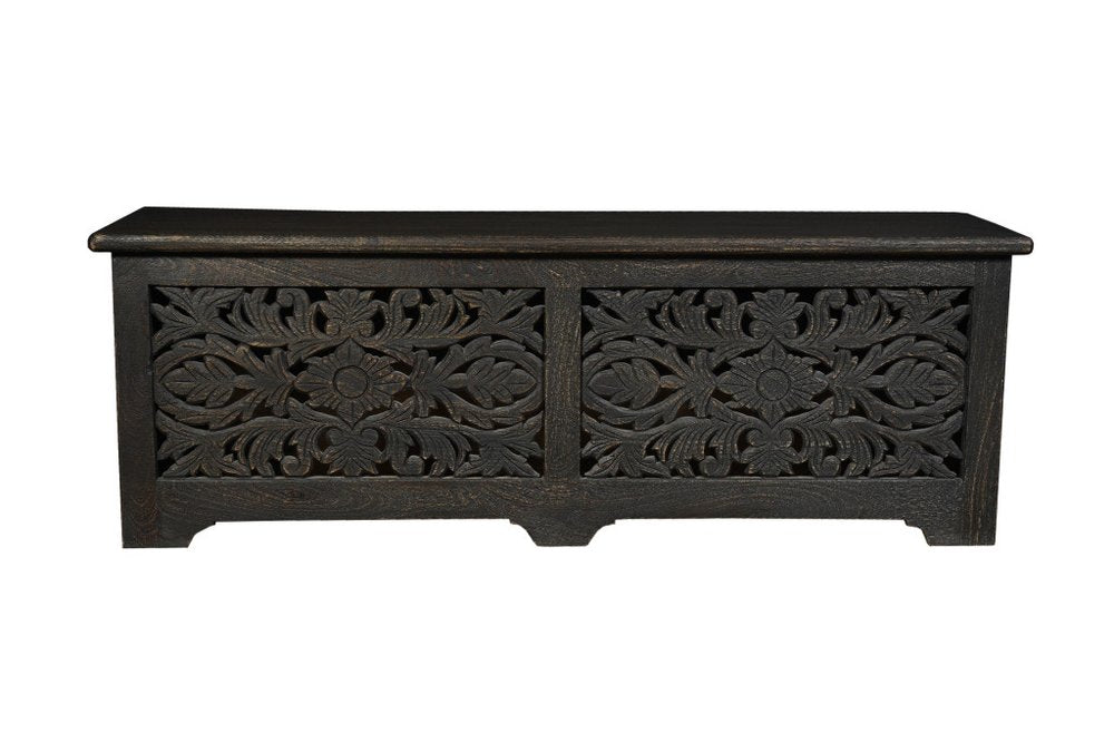 52" Black Distressed Solid Wood Carved Floral Storage Ottoman HomeRoots