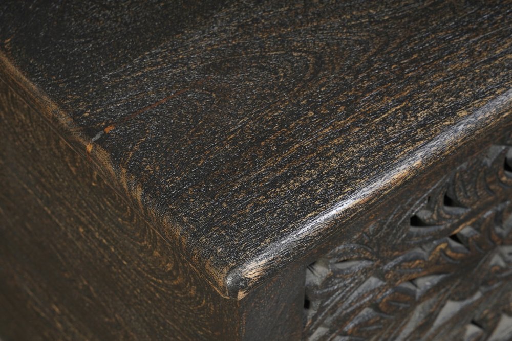 52" Black Distressed Solid Wood Carved Floral Storage Ottoman HomeRoots