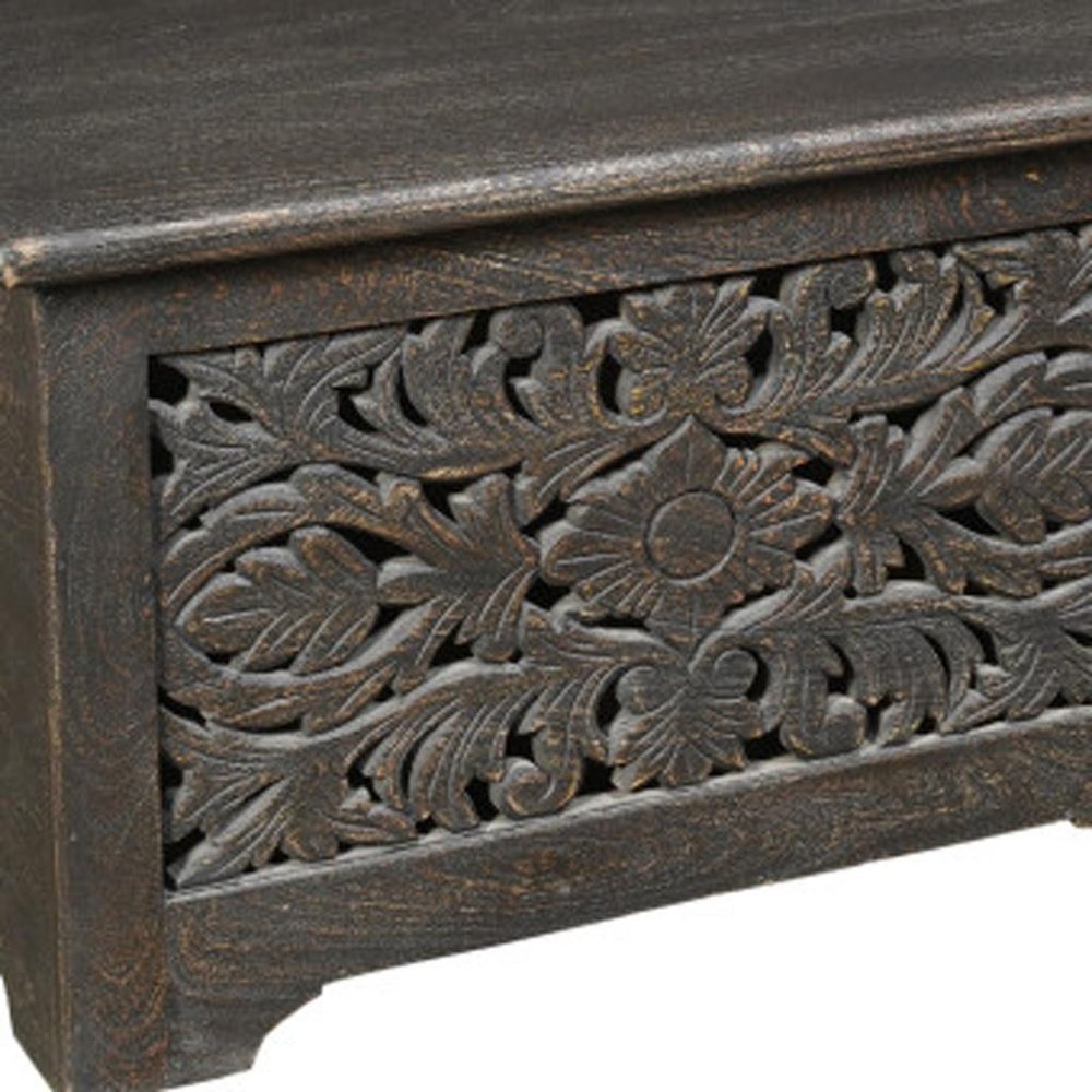 52" Black Distressed Solid Wood Carved Floral Storage Ottoman HomeRoots