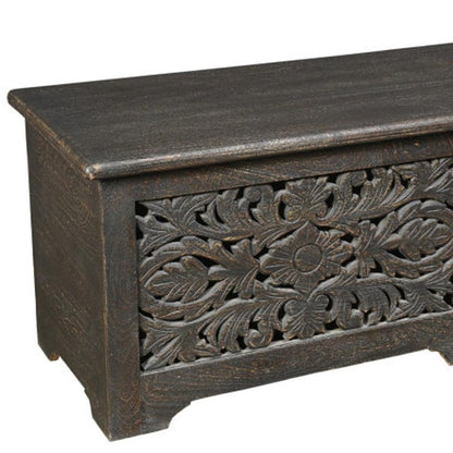 52" Black Distressed Solid Wood Carved Floral Storage Ottoman HomeRoots