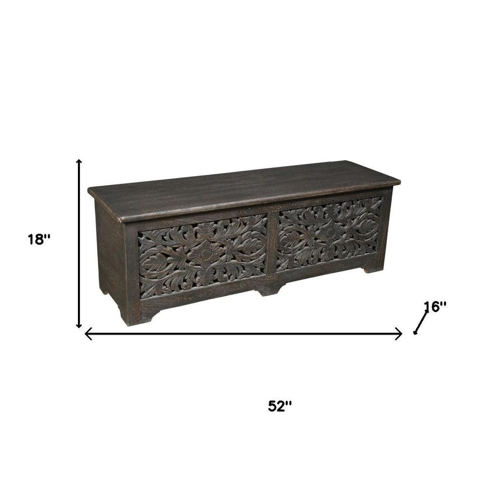 52" Black Distressed Solid Wood Carved Floral Storage Ottoman HomeRoots