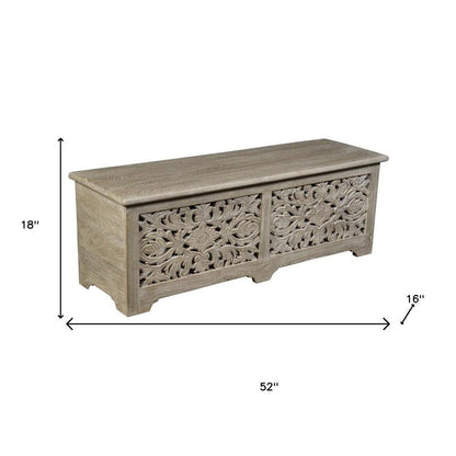 52" Gray Distressed Solid Wood Carved Floral Storage Ottoman HomeRoots