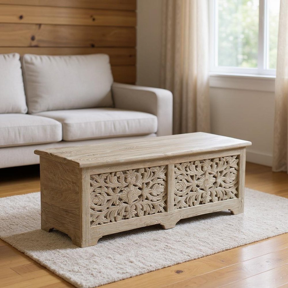 52" Gray Distressed Solid Wood Carved Floral Storage Ottoman HomeRoots